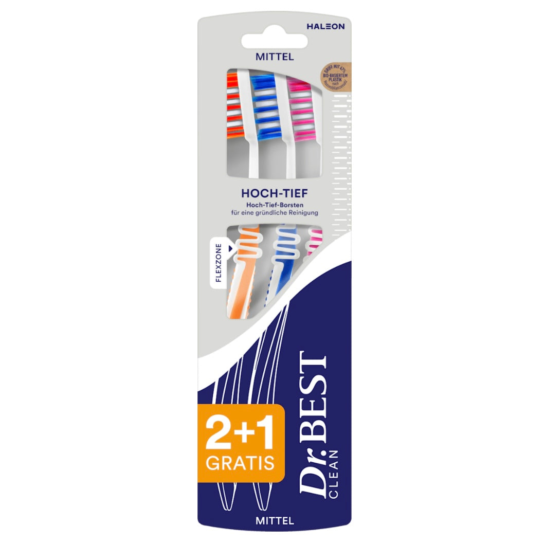 Dr. Best Tandenborstel Clean Hoog-Laag Medium (2+1 Gratis) – 3 stuks