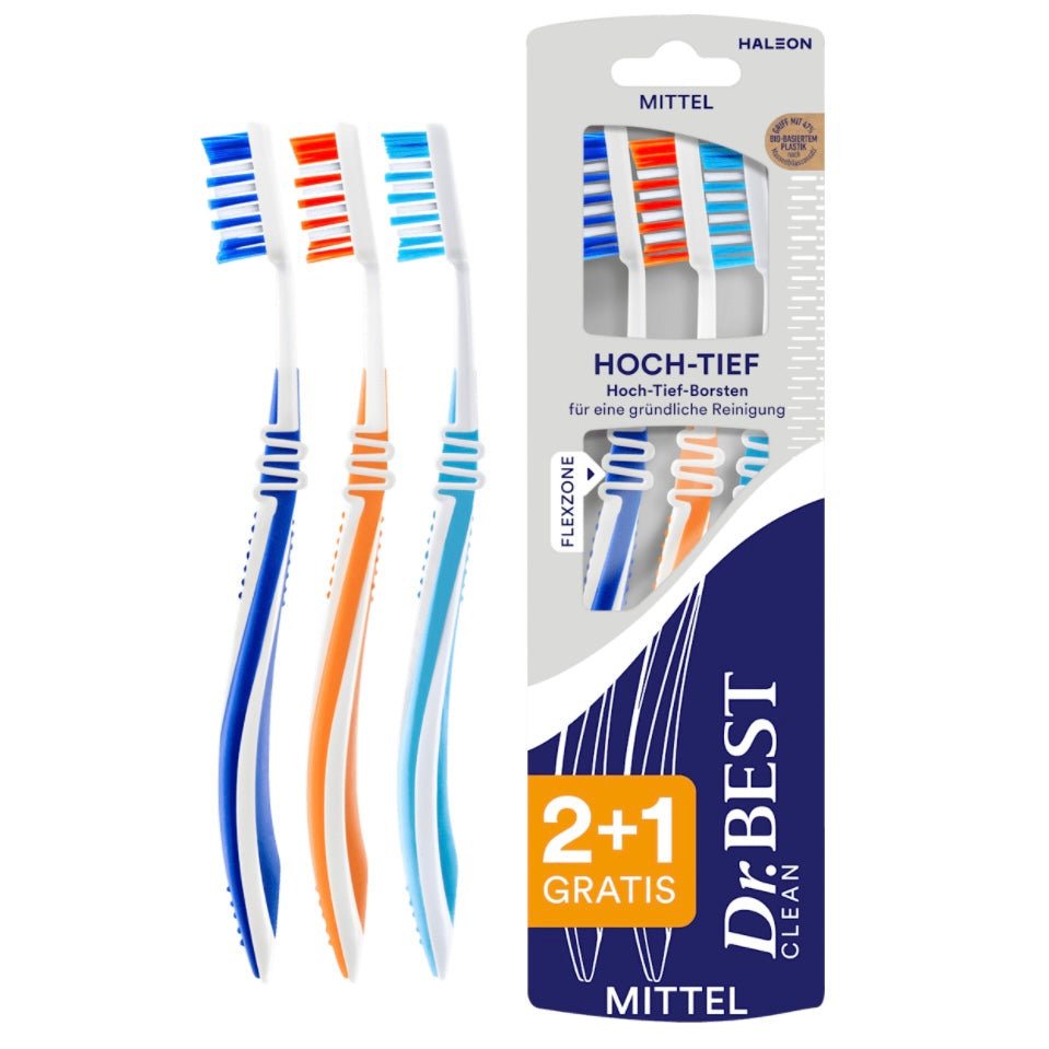 Dr. Best Tandenborstel Clean Hoog-Laag Medium (2+1 Gratis) – 3 stuks