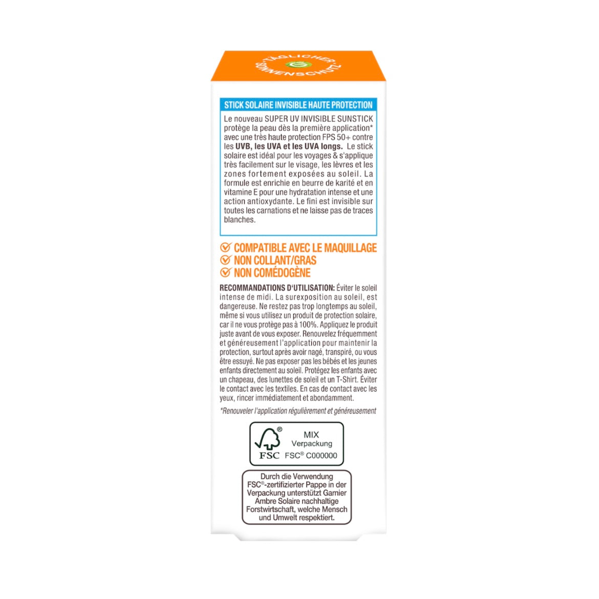 Garnier Ambre Solaire Super UV Zonnestick Gezicht & Lippen – SPF 50 – 9 ml