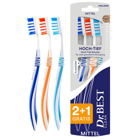 Dr. Best Tandenborstel Clean Hoog-Laag Medium (2+1 Gratis) – 3 stuks